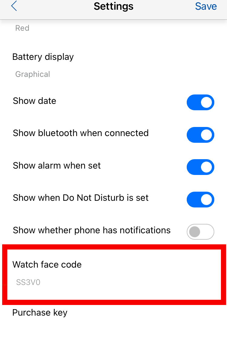 Watch face code in Settings