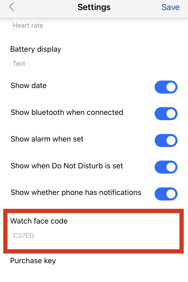 Watch face code in Settings