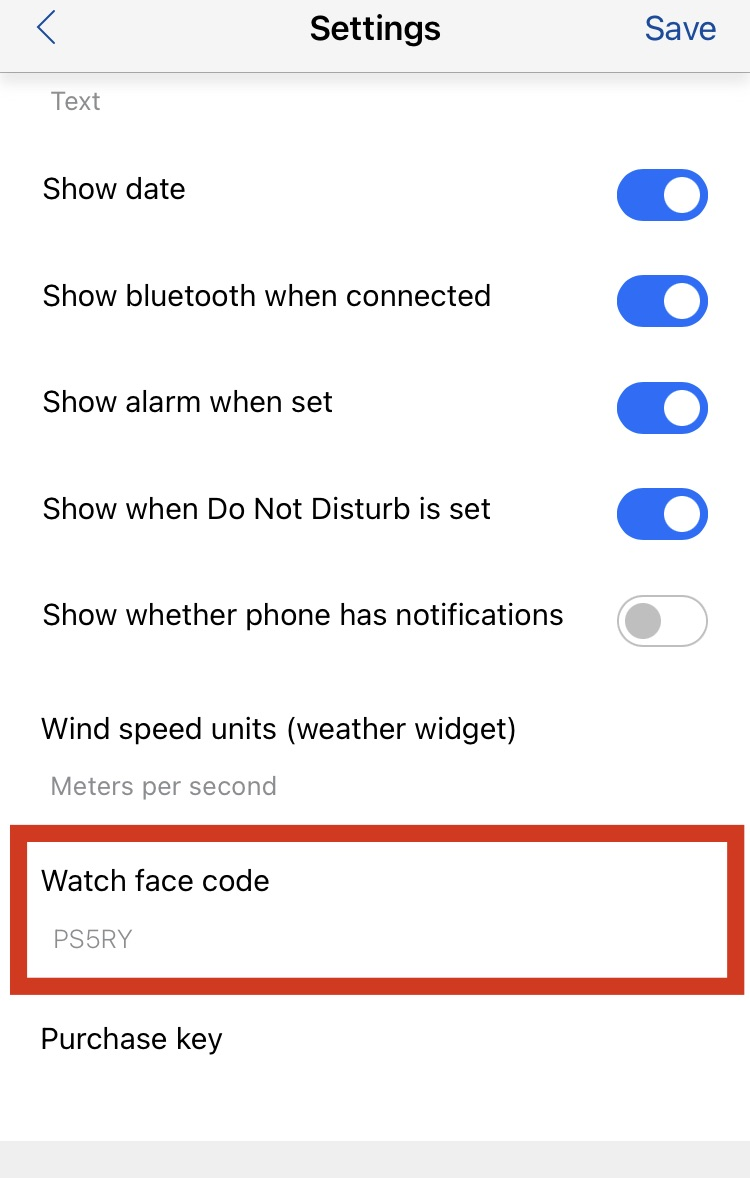 Watch face code in Settings